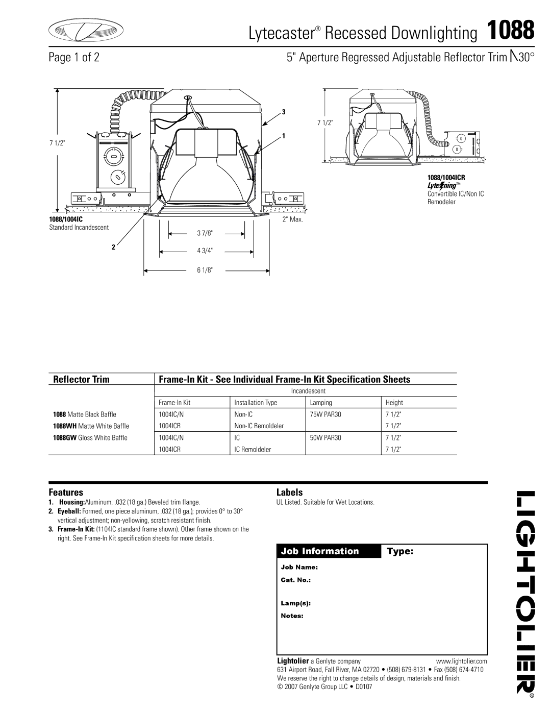 Lightolier 1088 specifications Lytecaster Recessed Downlighting , Aperture Regressed Adjustable Reflector Trim 